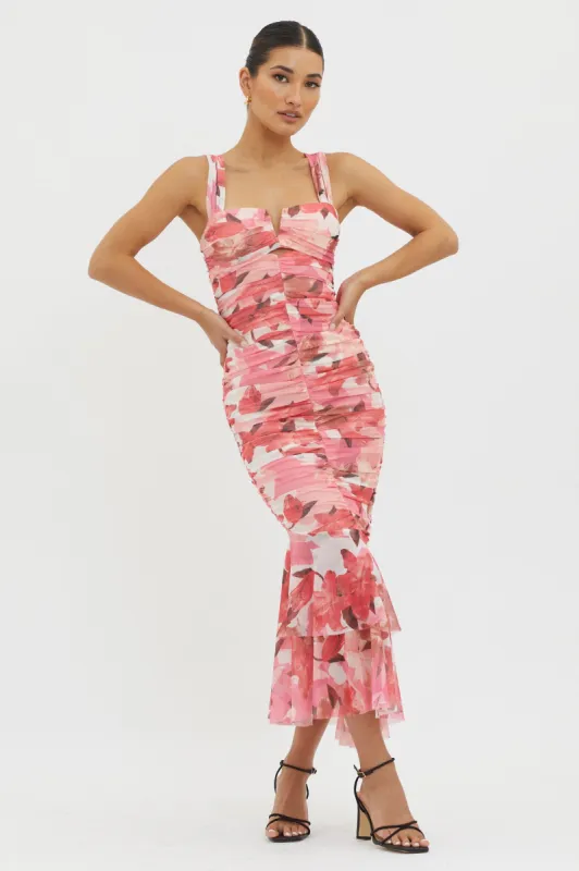 Nadia Ruched Fishtail Midi Dress Floral Pink sold by Selfie Leslie