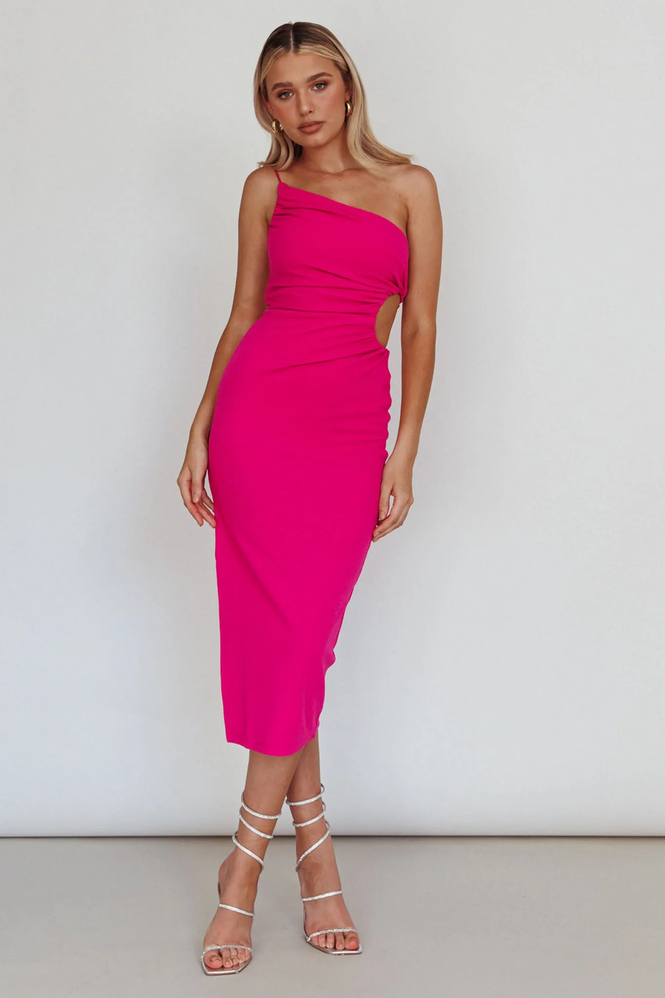 Taking Bets One Shoulder Cut-Out Midi Dress Hot Pink sold by Selfie Leslie