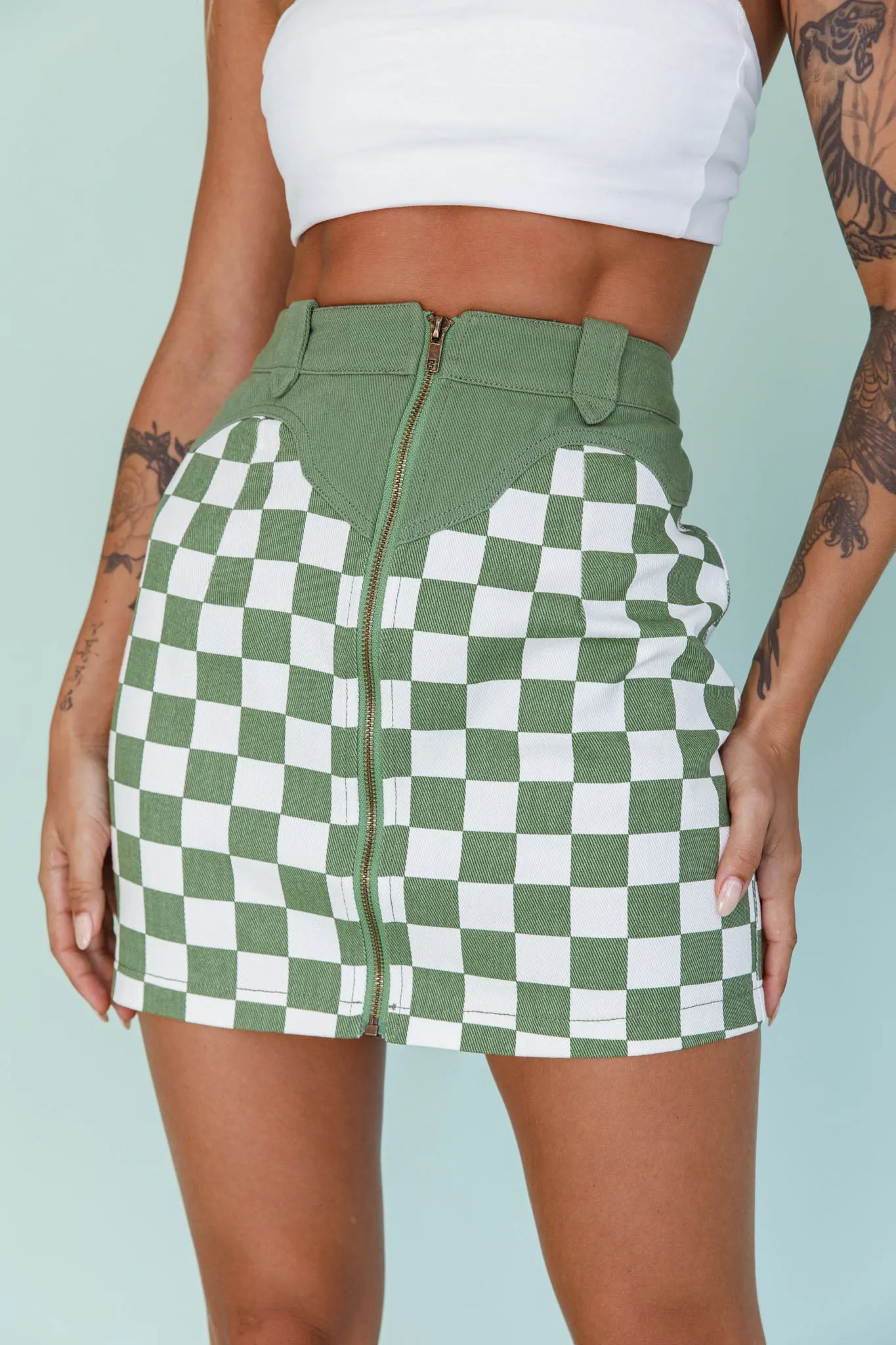 Rewind Zipper Front Mini Skirt Checkered Green sold by Selfie Leslie product image thumbnail 4