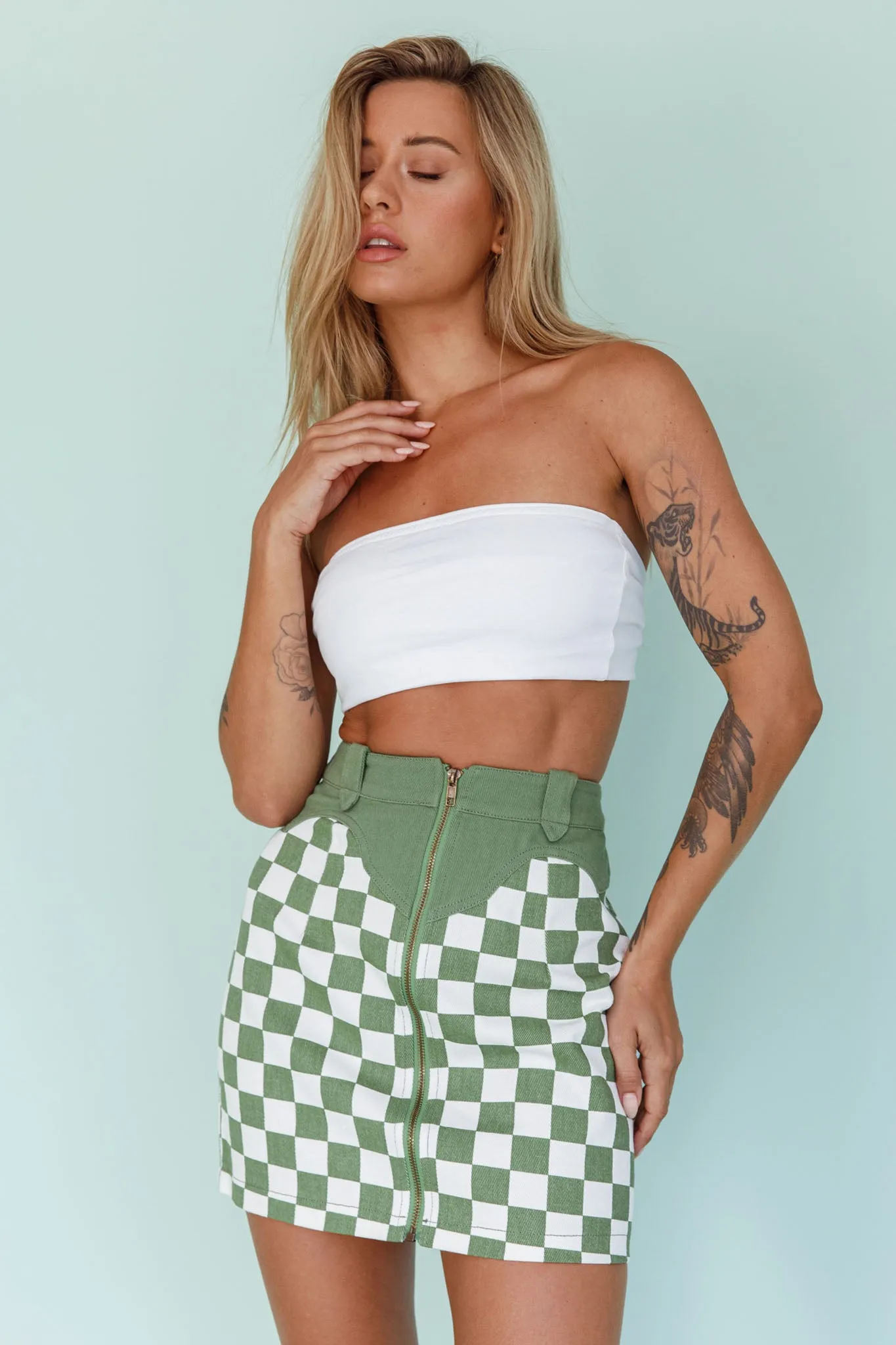 Rewind Zipper Front Mini Skirt Checkered Green sold by Selfie Leslie