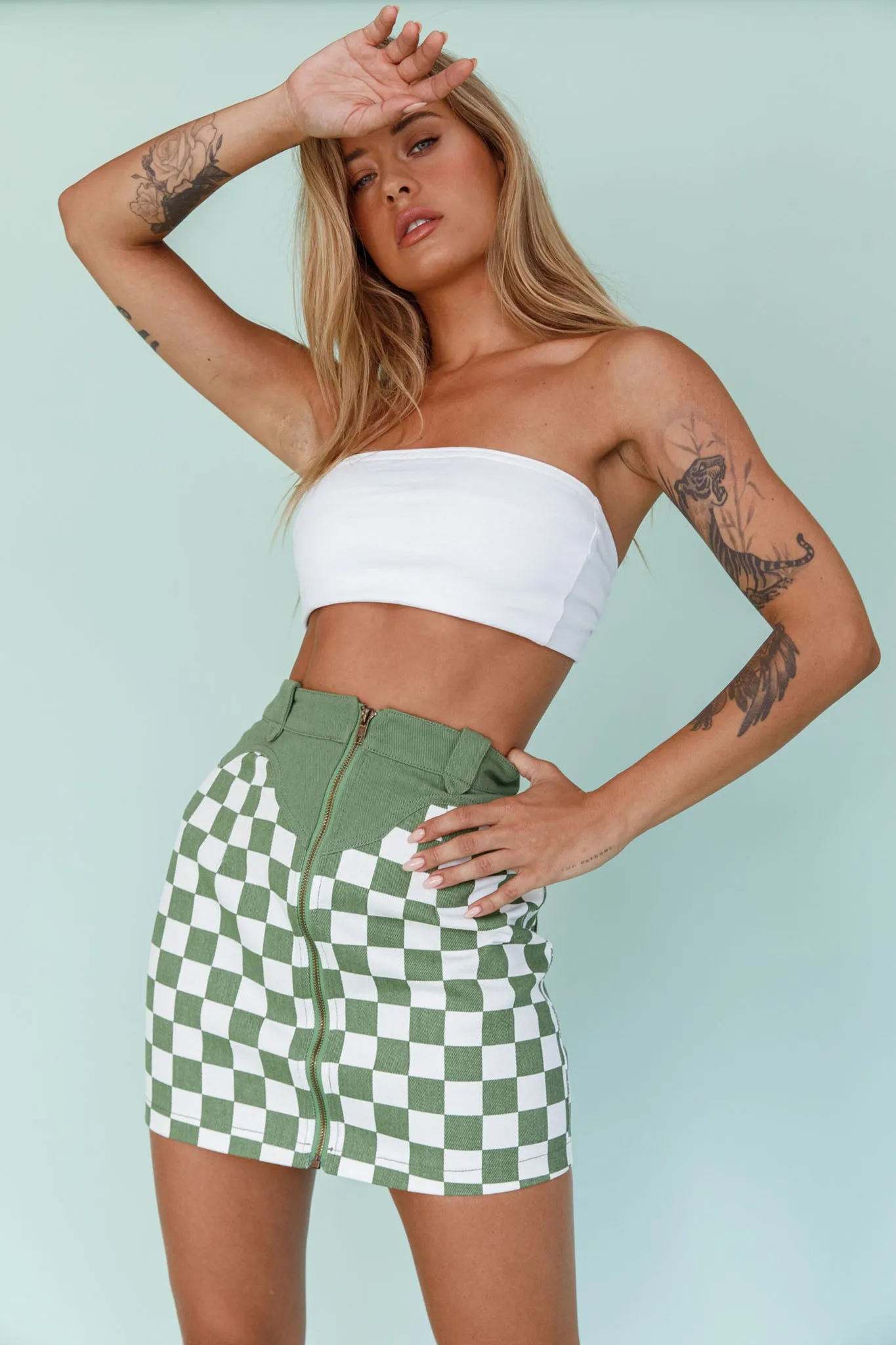 Rewind Zipper Front Mini Skirt Checkered Green sold by Selfie Leslie product image thumbnail 5
