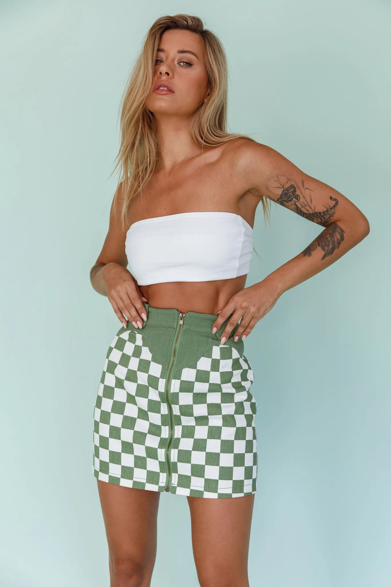 Rewind Zipper Front Mini Skirt Checkered Green sold by Selfie Leslie product image thumbnail 3