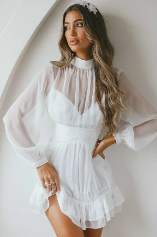 Mandalay High Neck Long Sleeve Waistband Dress White sold by Selfie Leslie