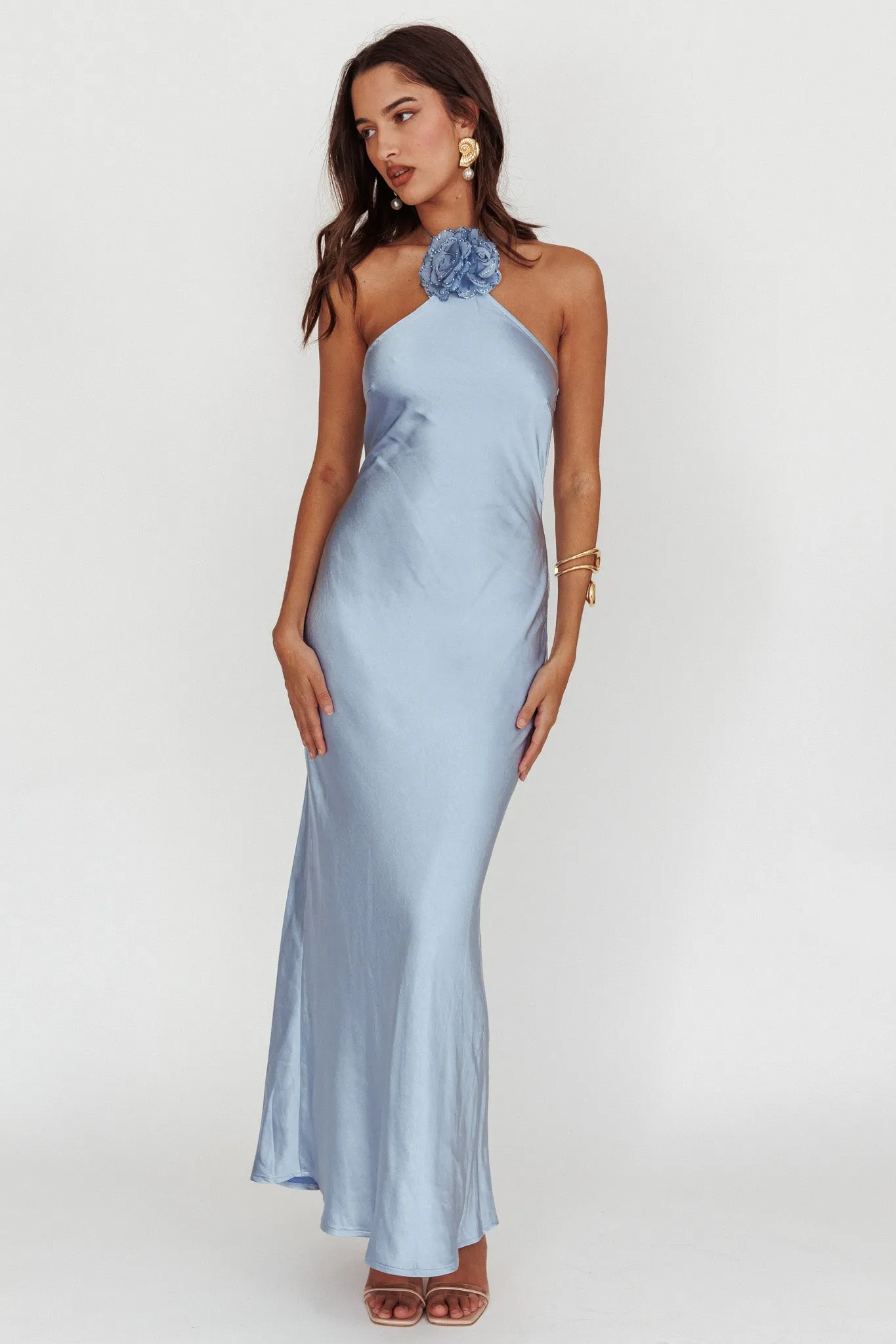 high roller flower decoration halter dress High Roller Flower Decoration Halter Dress Blue