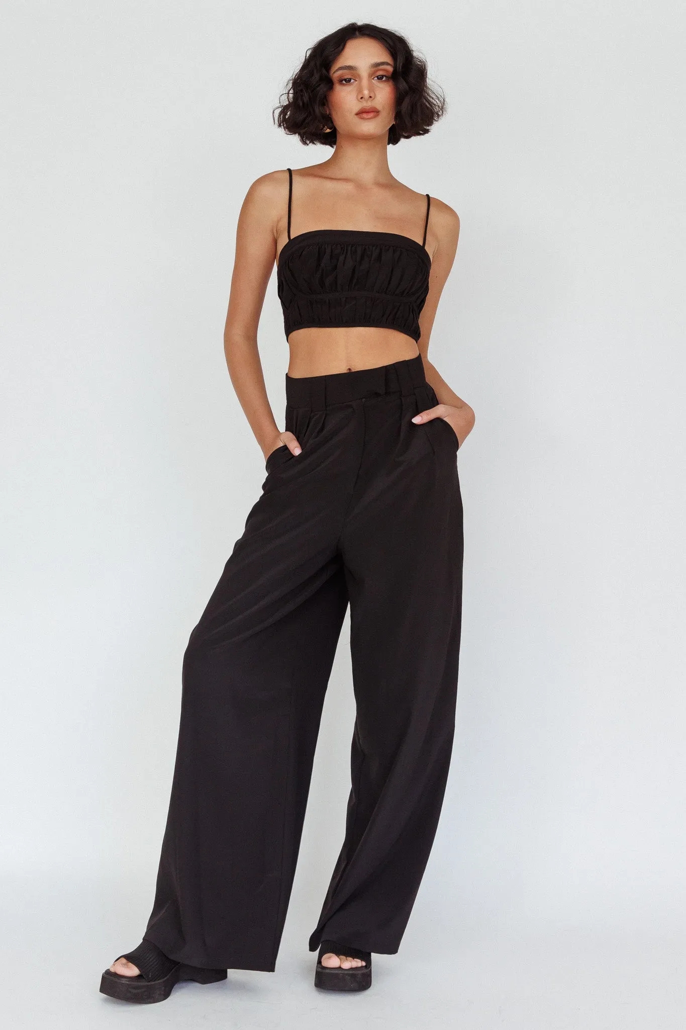Regal Wide-Leg Mid Rise Pants Black sold by Selfie Leslie