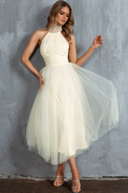 Andria Halterneck Tulle Midi Dress Butter sold by Selfie Leslie