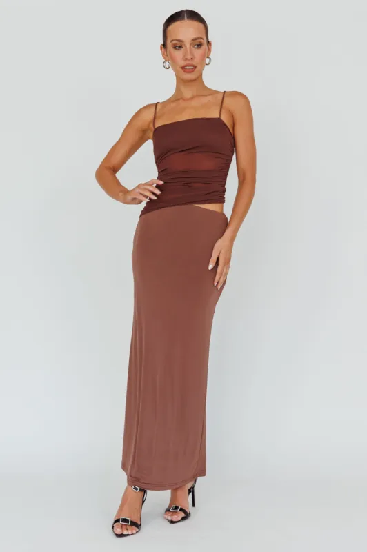 Lorely Ruched Bodice Midi Dress Brown sold by Selfie Leslie
