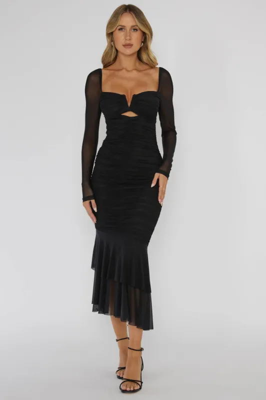 Nadia Long Sleeve Fishtail Midi Dress Black sold by Selfie Leslie