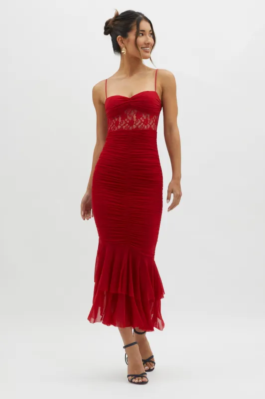 Cherubim Lace Insert Ruched Midi Dress Red sold by Selfie Leslie