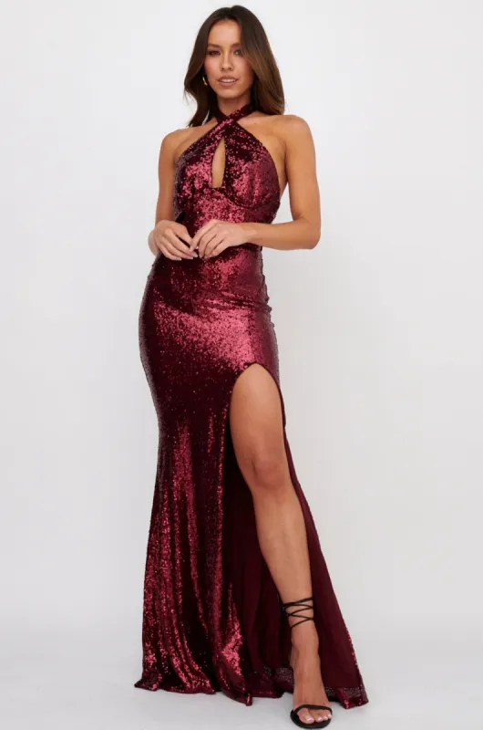 Rosella Halterneck Sequin Maxi Dress Burgundy sold by Selfie Leslie