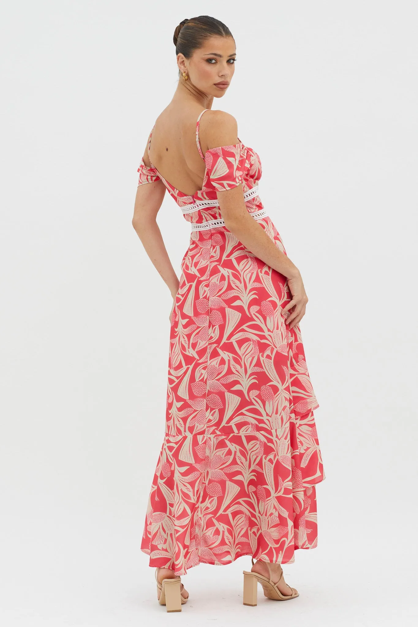 Seina Off-Shoulder Crochet Trim Dress Print Red sold by Selfie Leslie product image thumbnail 2