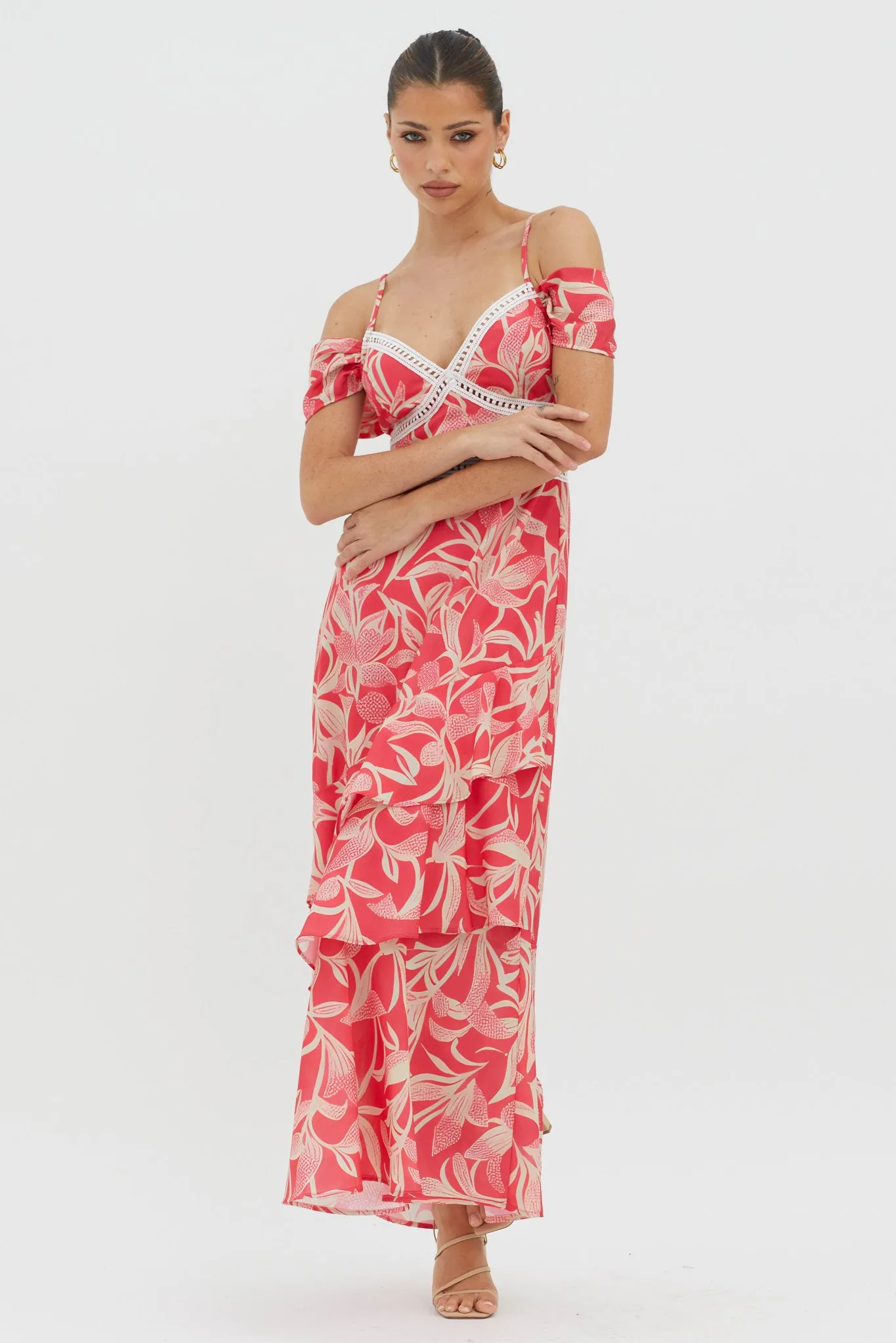 Seina Off-Shoulder Crochet Trim Dress Print Red sold by Selfie Leslie product image thumbnail 5