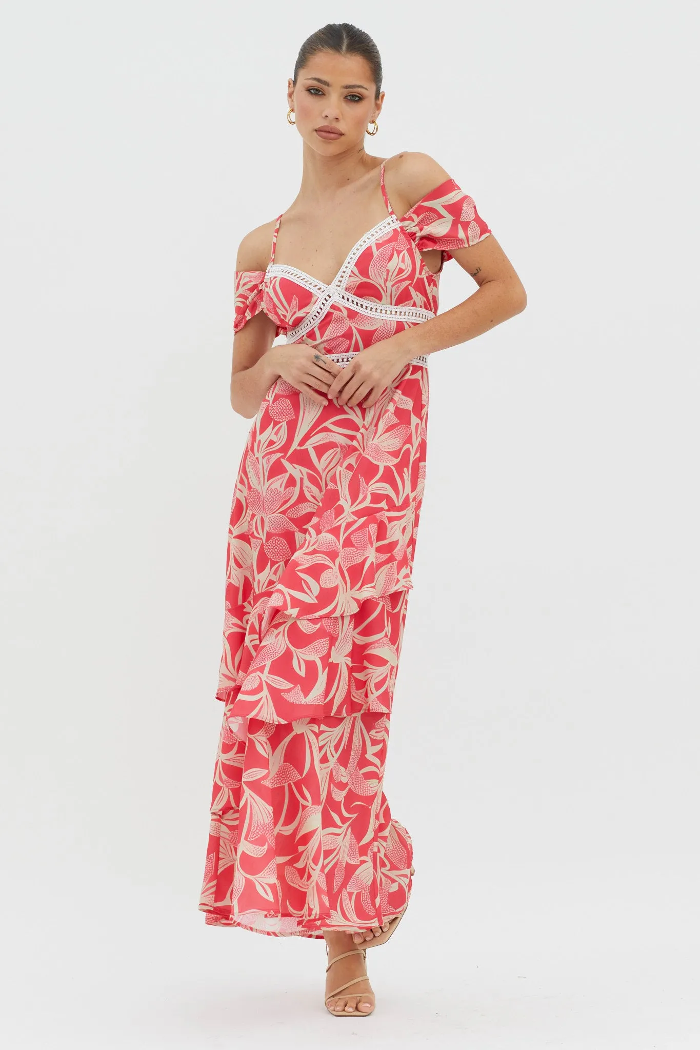 Seina Off-Shoulder Crochet Trim Dress Print Red sold by Selfie Leslie product image thumbnail 3