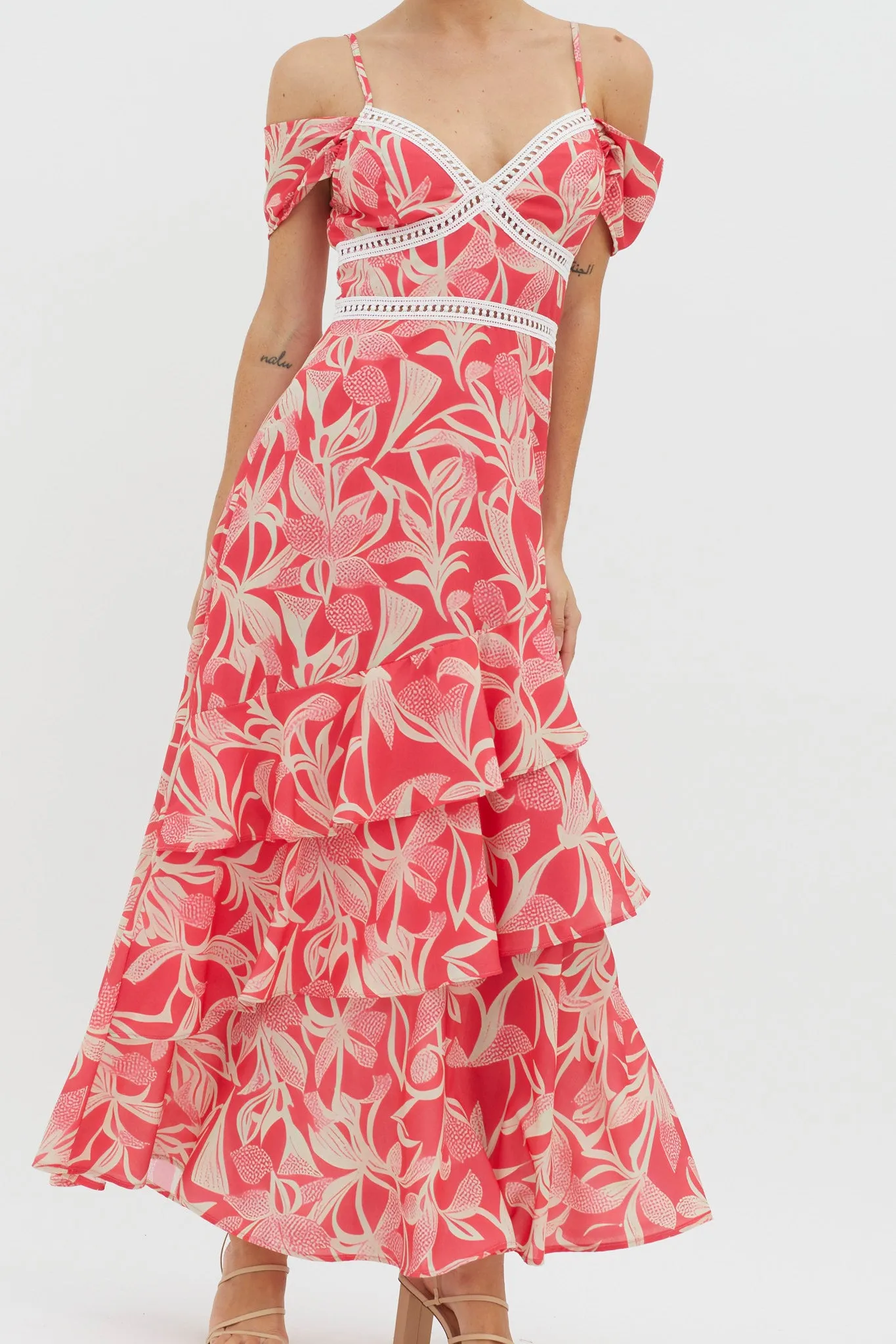 Seina Off-Shoulder Crochet Trim Dress Print Red sold by Selfie Leslie product image thumbnail 4