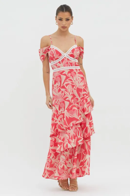 Seina Off-Shoulder Crochet Trim Dress Print Red sold by Selfie Leslie