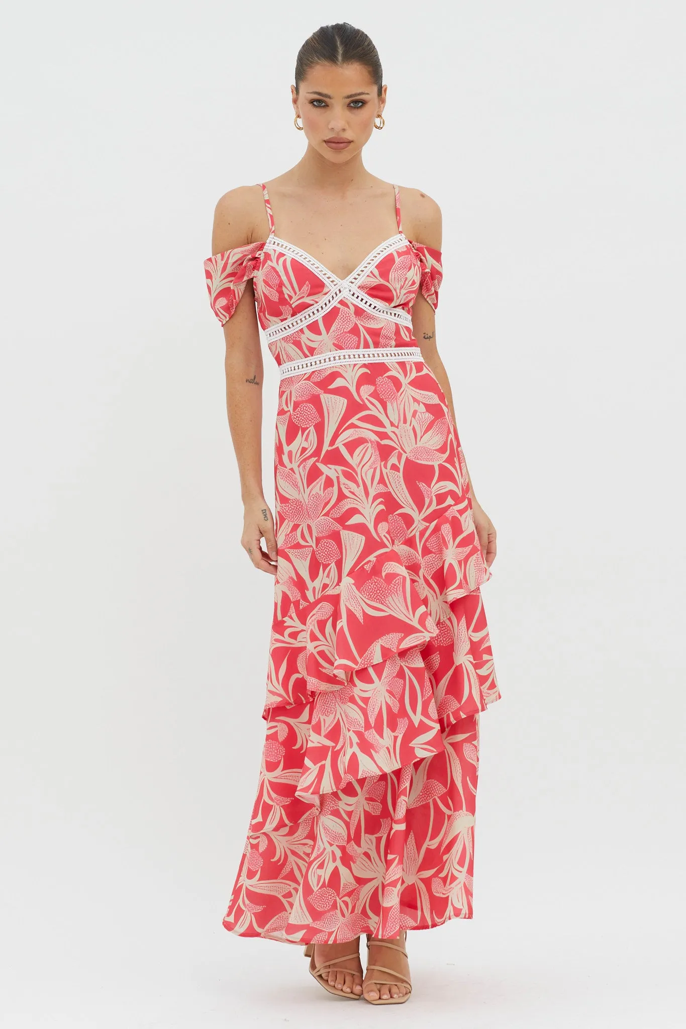 Seina Off-Shoulder Crochet Trim Dress Print Red sold by Selfie Leslie