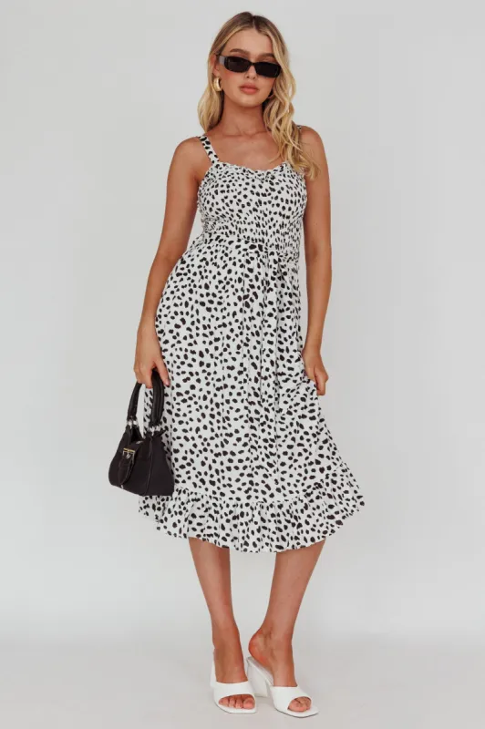 Honey Shirred Frill Midi Dress White/Black sold by Selfie Leslie