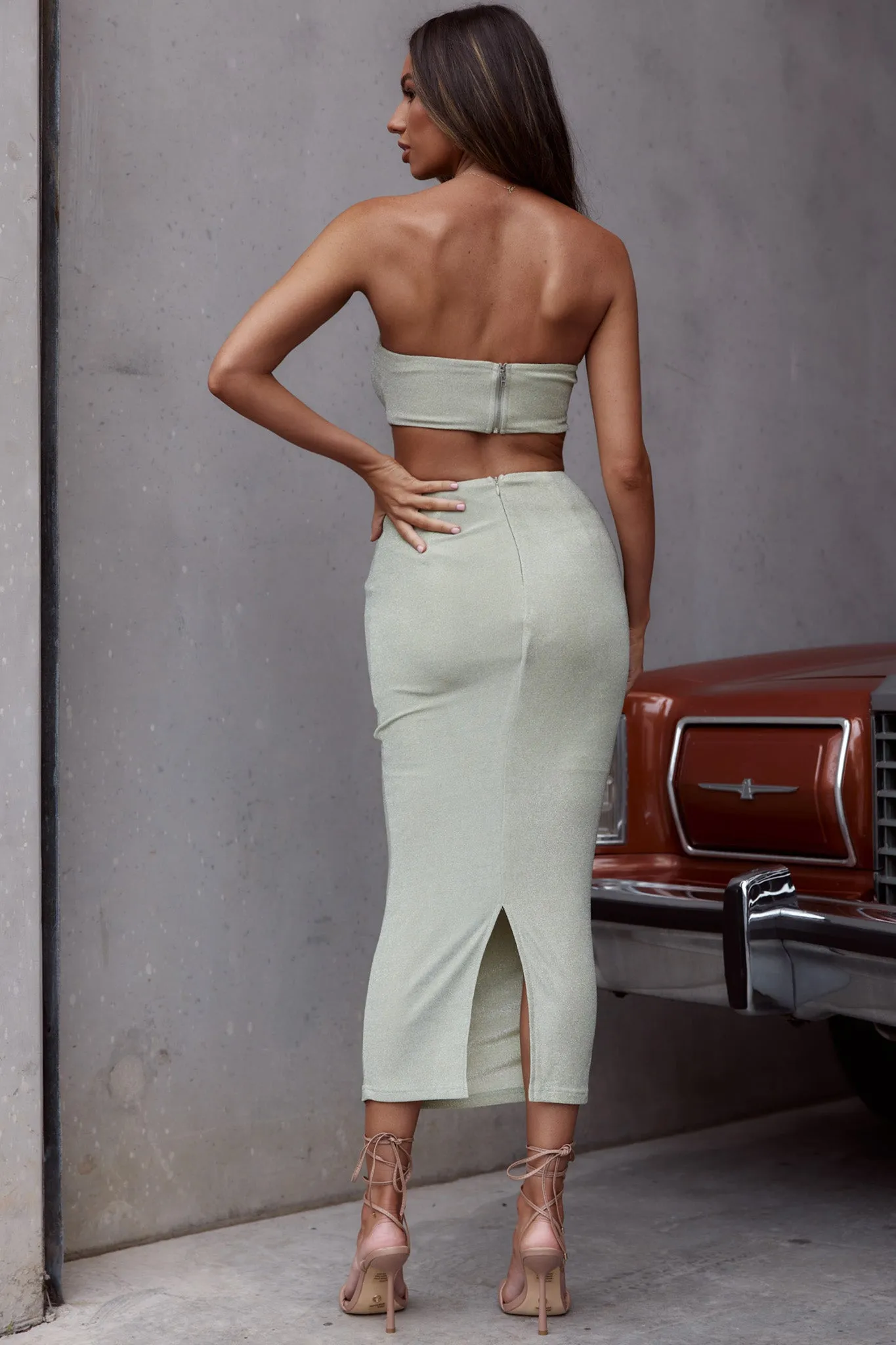 Paradiso Strapless Cut-Out Waist Midi Dress Matcha sold by Selfie Leslie product image thumbnail 2