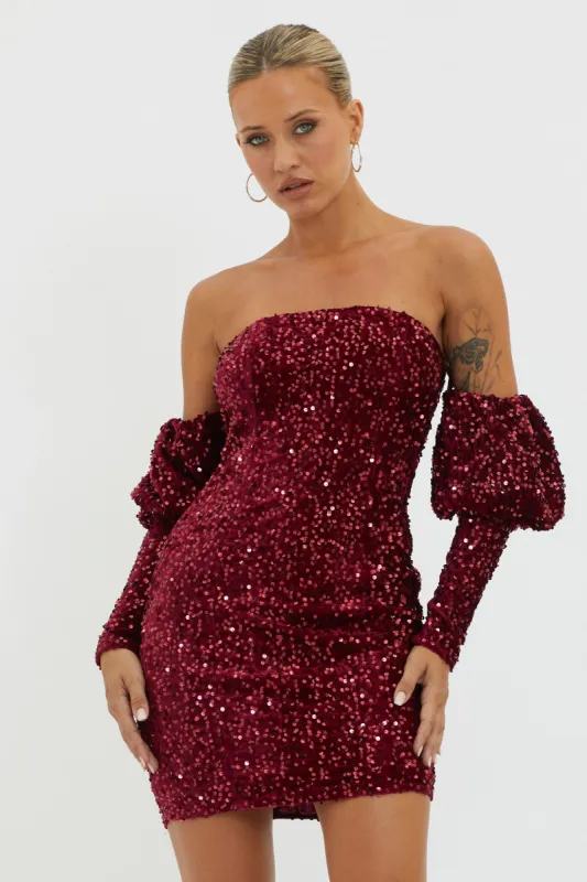 Merry & Bright Sequin Mini Dress Wine sold by Selfie Leslie