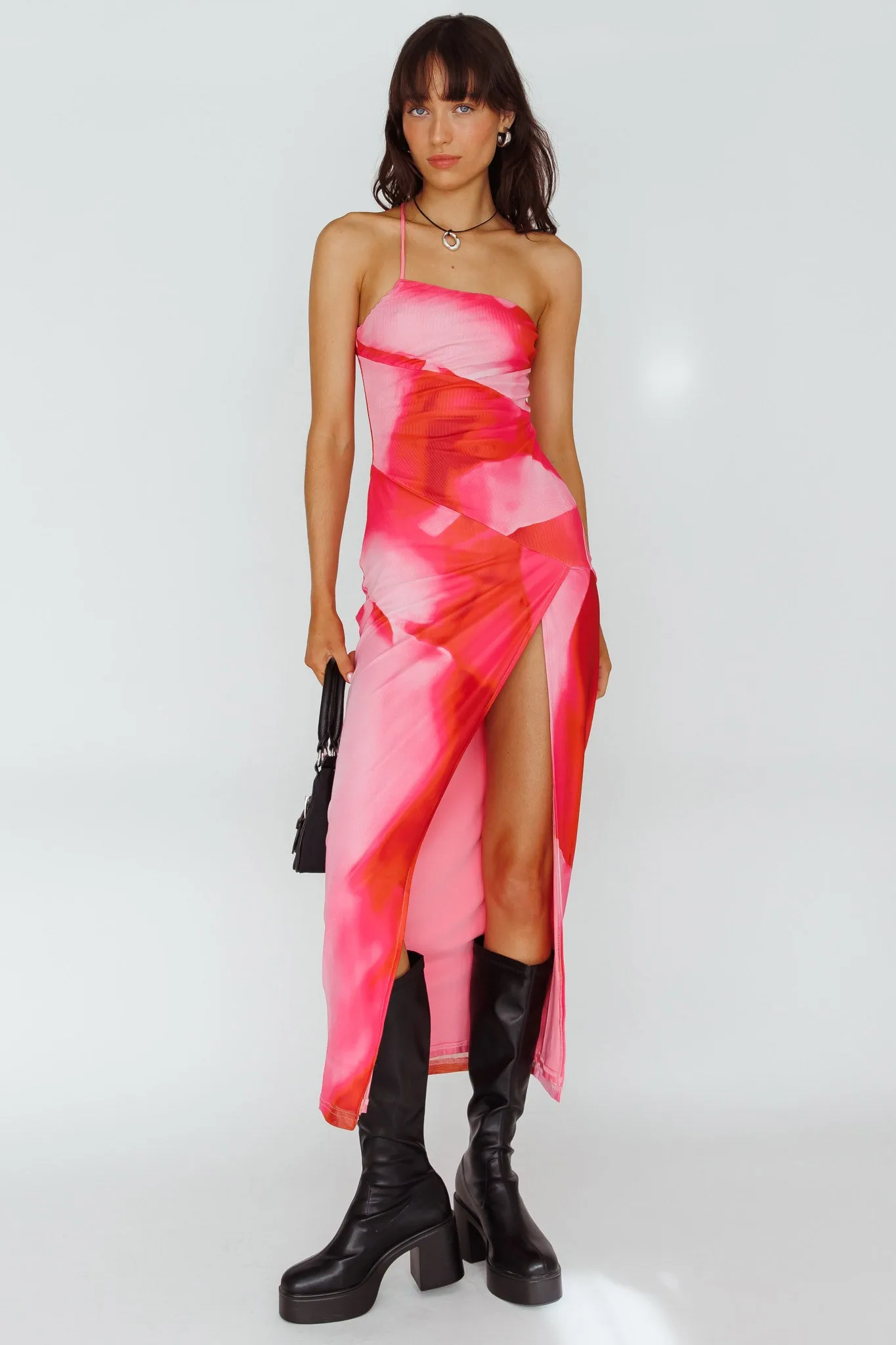 Martine One Strap Mesh Midi Dress Print Pink sold by Selfie Leslie