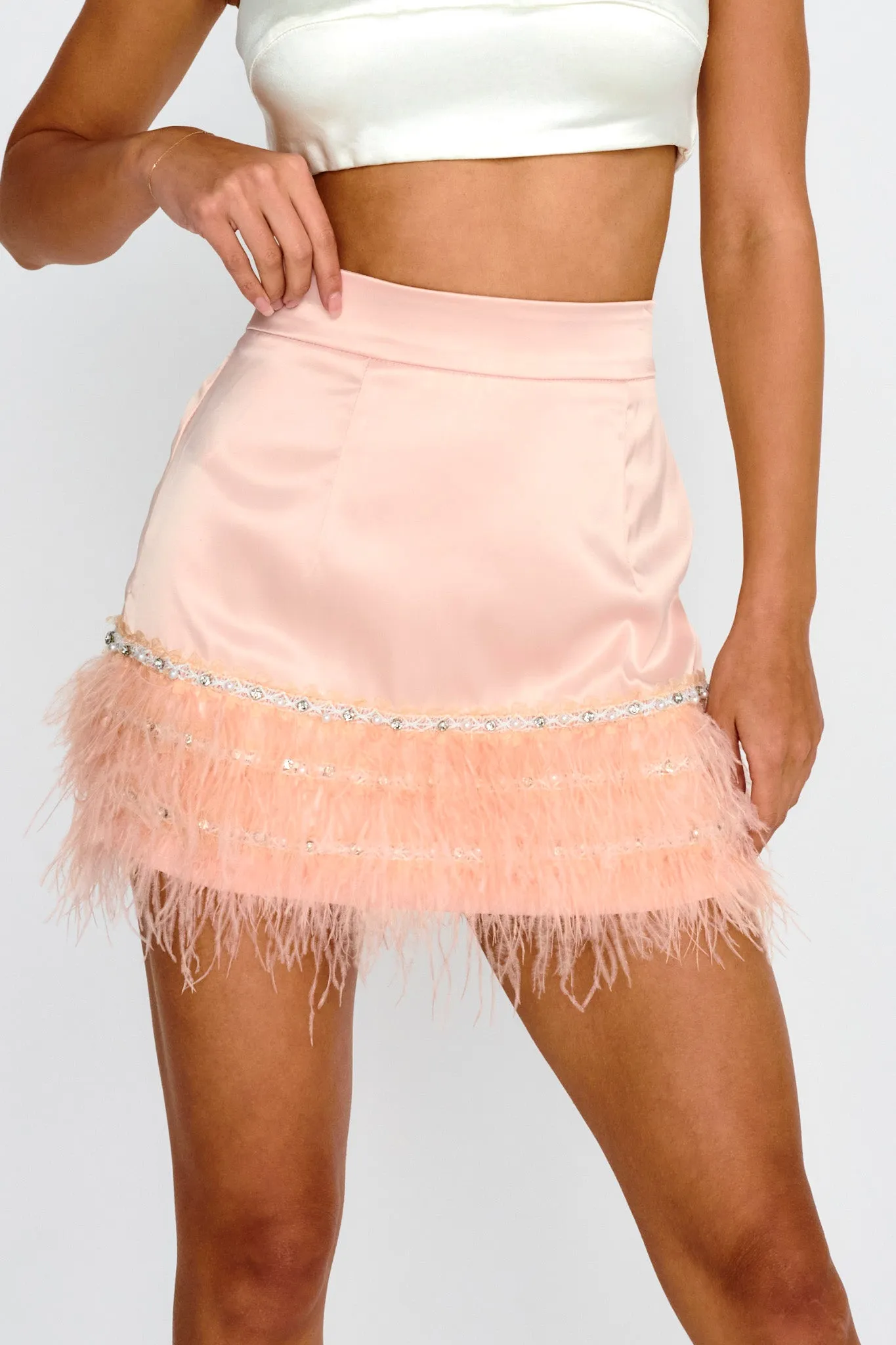 Sashay Feather Trim Mini Skirt Pink sold by Selfie Leslie product image thumbnail 4