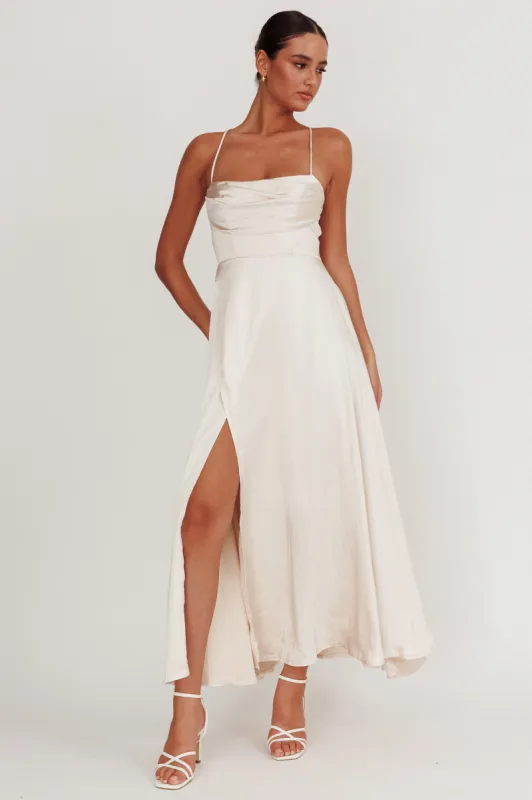 Inner Light Gathered Bust Split Maxi Dress Champagne sold by Selfie Leslie