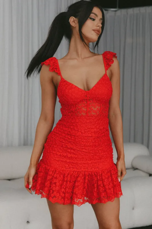 Presley Embroidered Frill Dress Red sold by Selfie Leslie