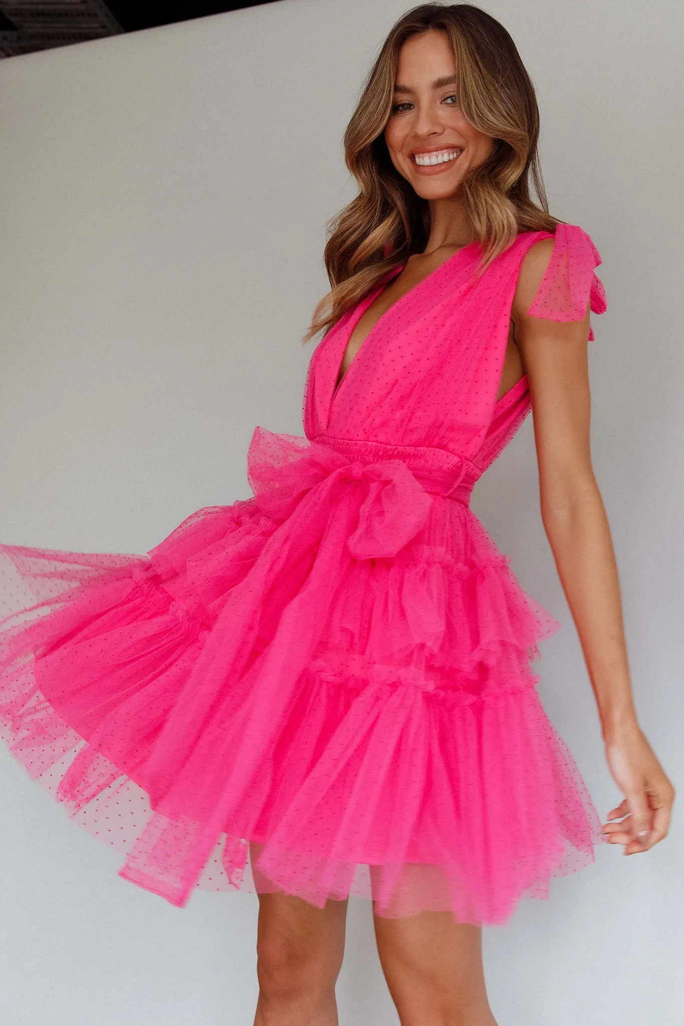 Lyra Spotted Tulle Mini Dress Hot Pink sold by Selfie Leslie