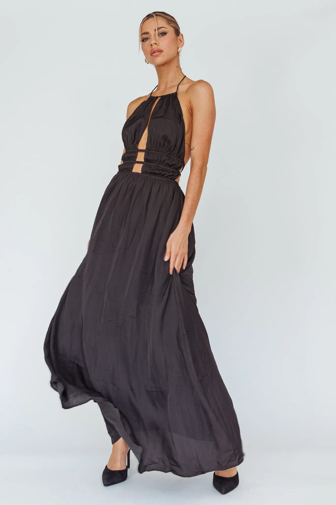 Cyndi Open Back Halterneck Maxi Dress Black sold by Selfie Leslie