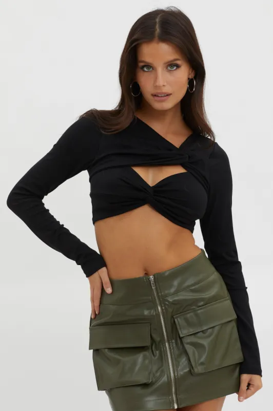 Foxy Twist Long Sleeve Crop Top Black sold by Selfie Leslie
