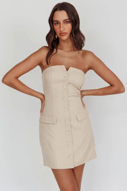 Titania Strapless Buttoned Mini Dress Light Taupe made by Selfie Leslie