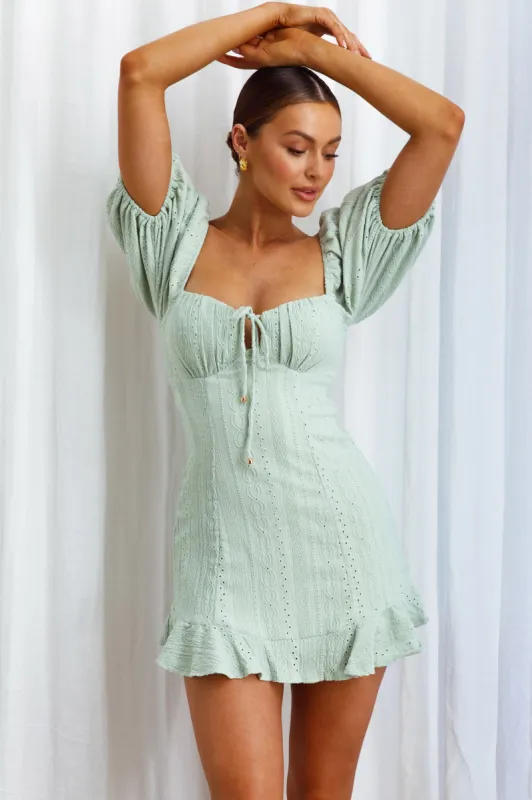Mikayla Puff Sleeve Tied Back Eyelet Embroidery Dress Avocado sold by Selfie Leslie