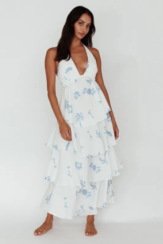Catalina Tiered Ruffle Maxi Dress White Blue sold by Selfie Leslie