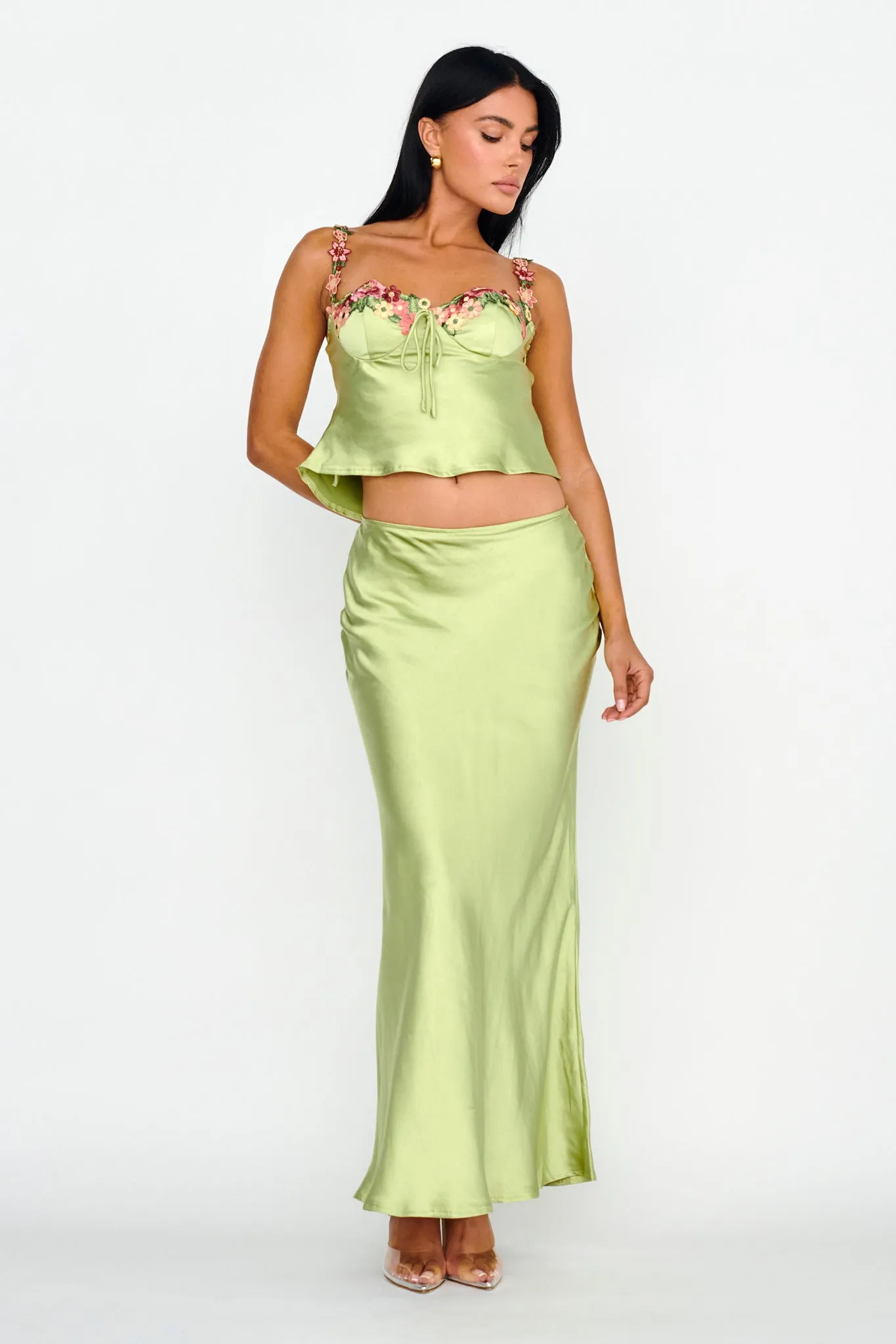 Rose Garden Satin Maxi Skirt Lime sold by Selfie Leslie product image thumbnail 5