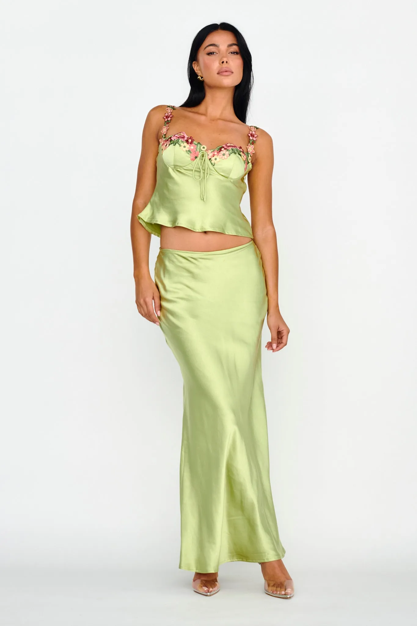 Rose Garden Satin Maxi Skirt Lime sold by Selfie Leslie