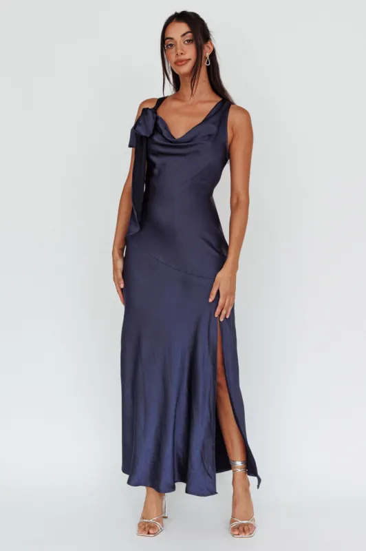Averie Bow Shoulder Split Midi Dress Navy sold by Selfie Leslie