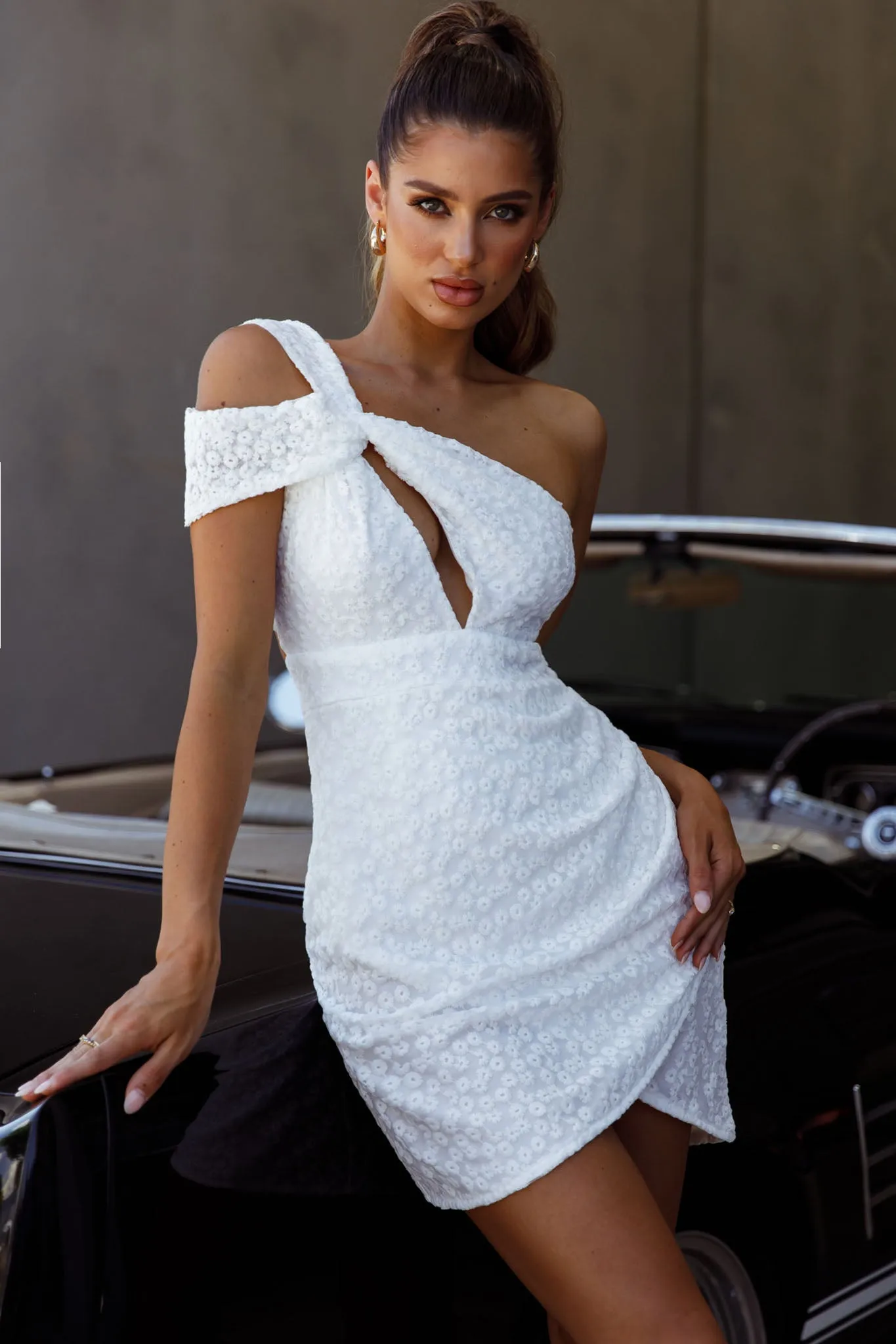 Sing Your Praises One-Shoulder Keyhole Bust Embroidery Mini Dress White sold by Selfie Leslie product image thumbnail 5