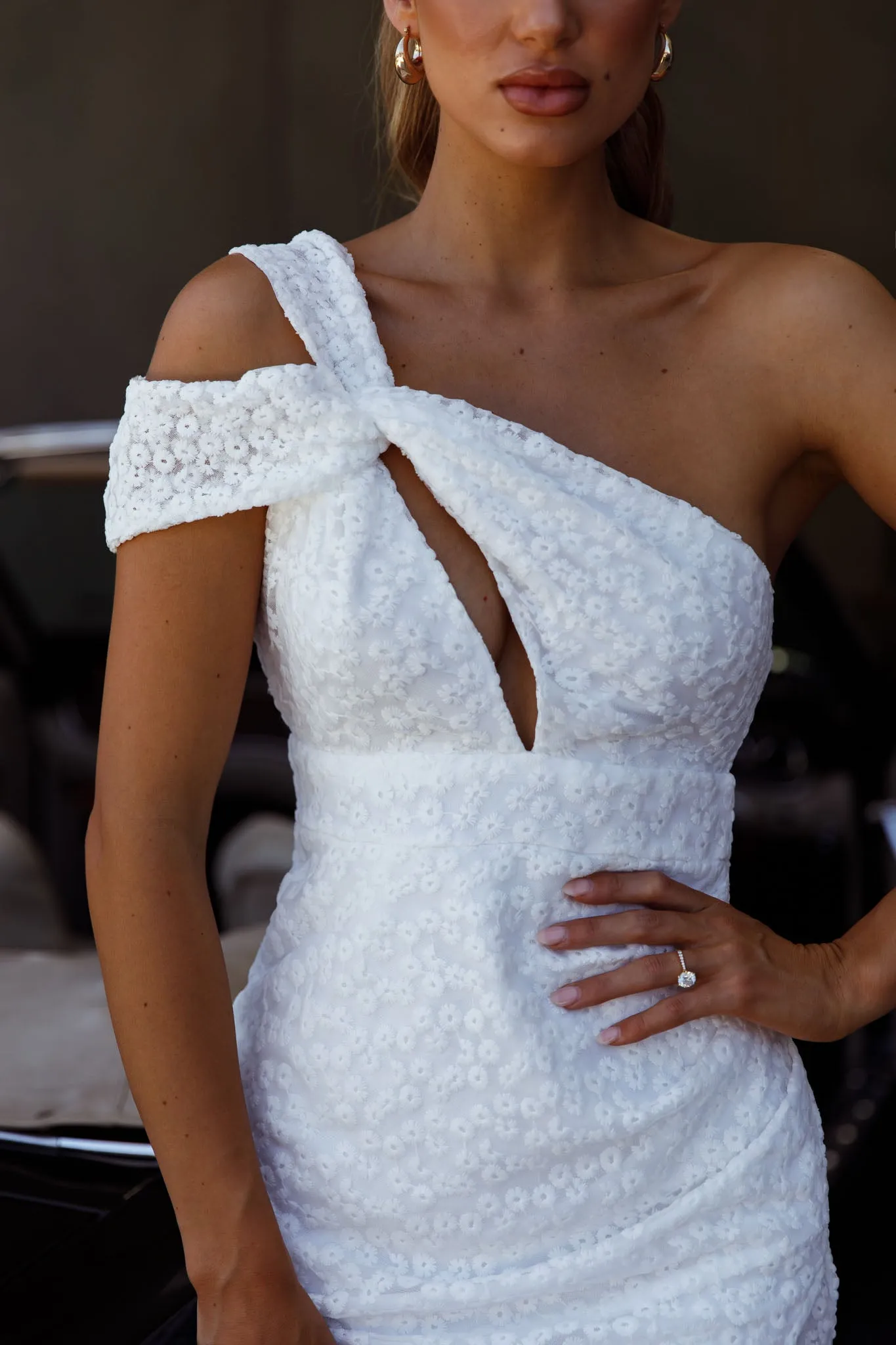 Sing Your Praises One-Shoulder Keyhole Bust Embroidery Mini Dress White sold by Selfie Leslie product image thumbnail 4