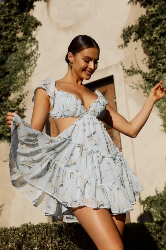 Shiara Cut-Out Waist Mini Dress Floral Blue/Yellow sold by Selfie Leslie