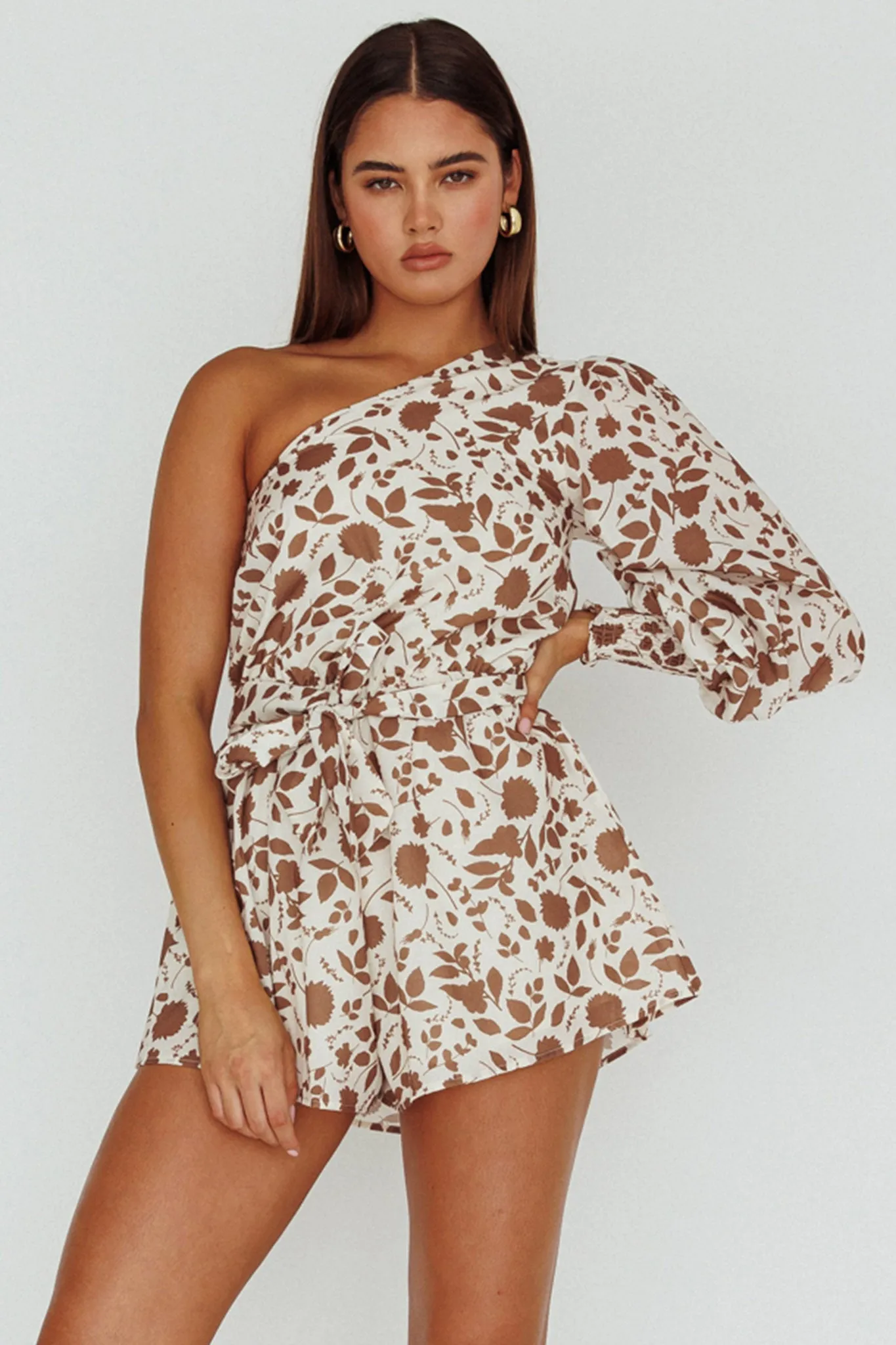 Summer Lover One-Shoulder Romper Floral Brown sold by Selfie Leslie