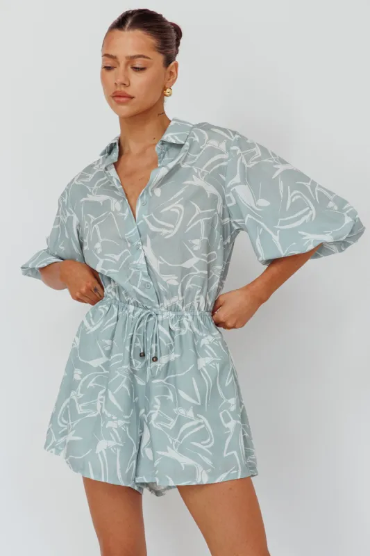 Tiki Puff Sleeve Drawstring Romper Print Sage sold by Selfie Leslie