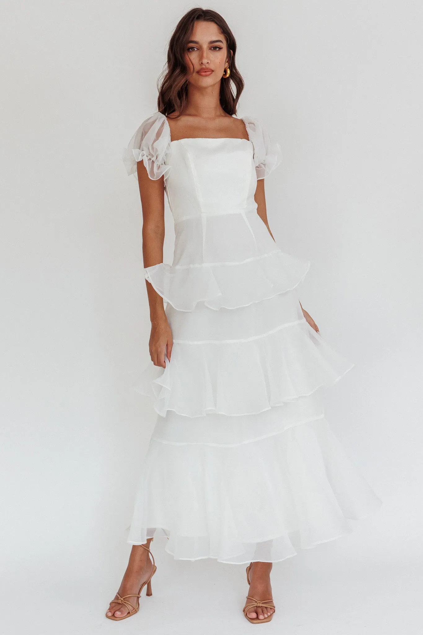 Delwynn Puff Sleeve Layered Midi Dress White sold by Selfie Leslie