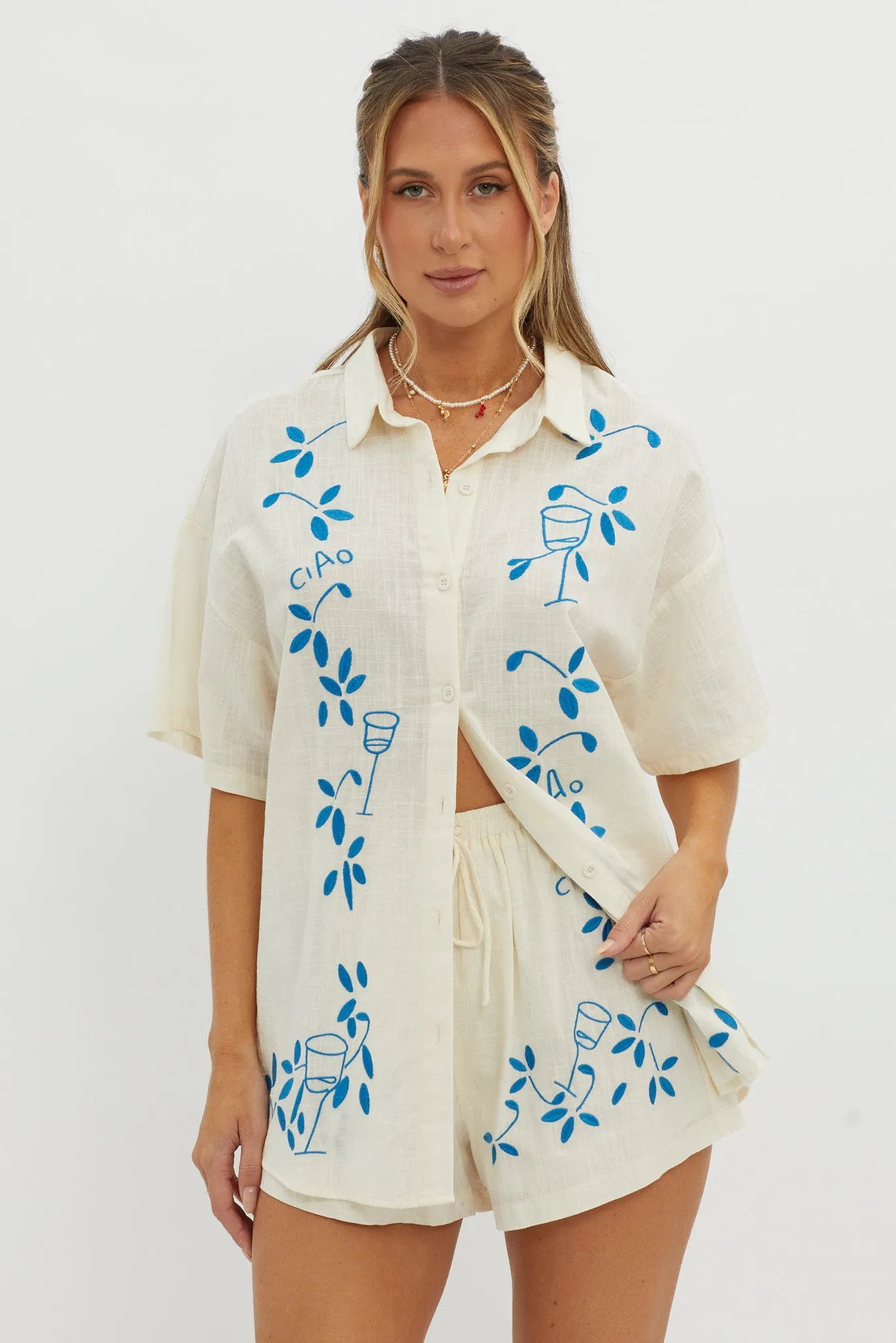 Ciao Ciao Embroidered Button-Up Shirt Beige sold by Selfie Leslie