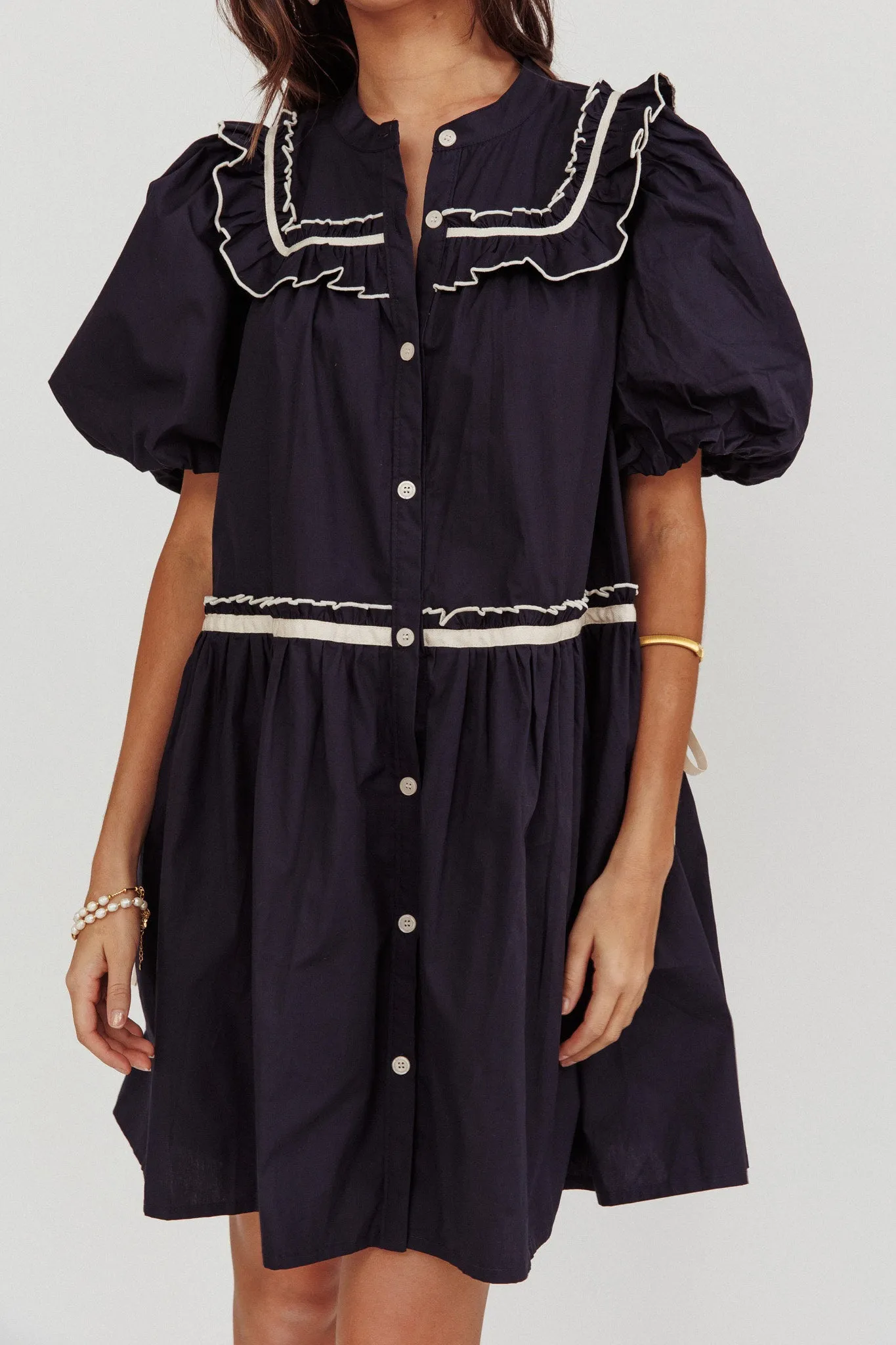Late Spring Puff Sleeves Ruffle Mini Dress Navy sold by Selfie Leslie product image thumbnail 4