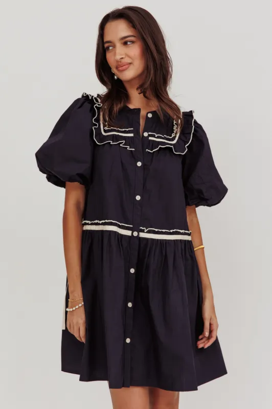 Late Spring Puff Sleeves Ruffle Mini Dress Navy sold by Selfie Leslie