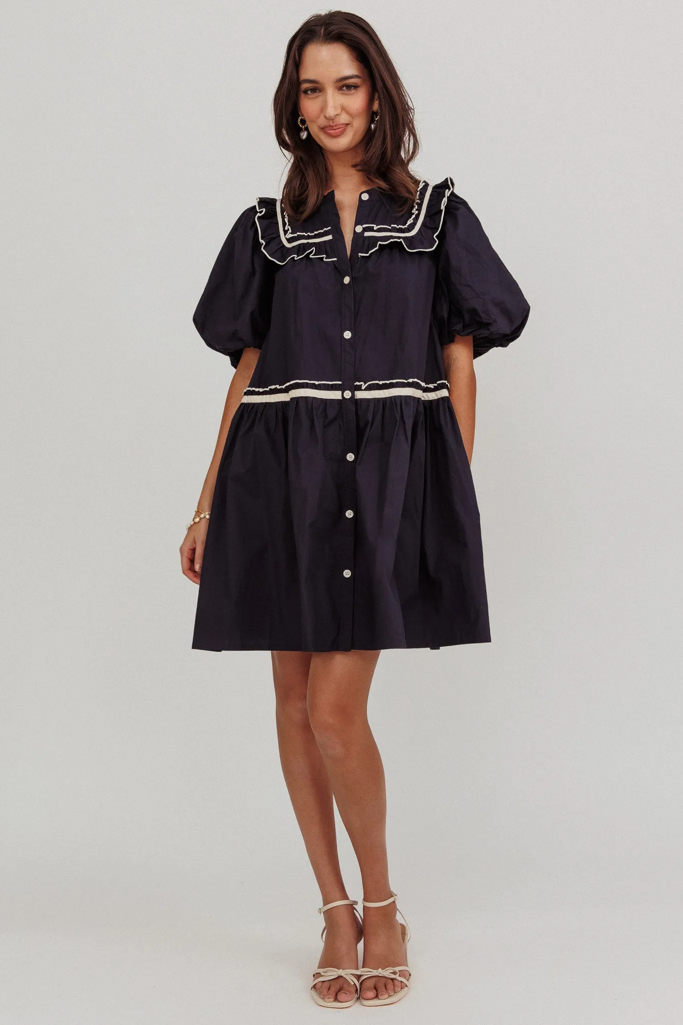 Late Spring Puff Sleeves Ruffle Mini Dress Navy sold by Selfie Leslie product image thumbnail 3
