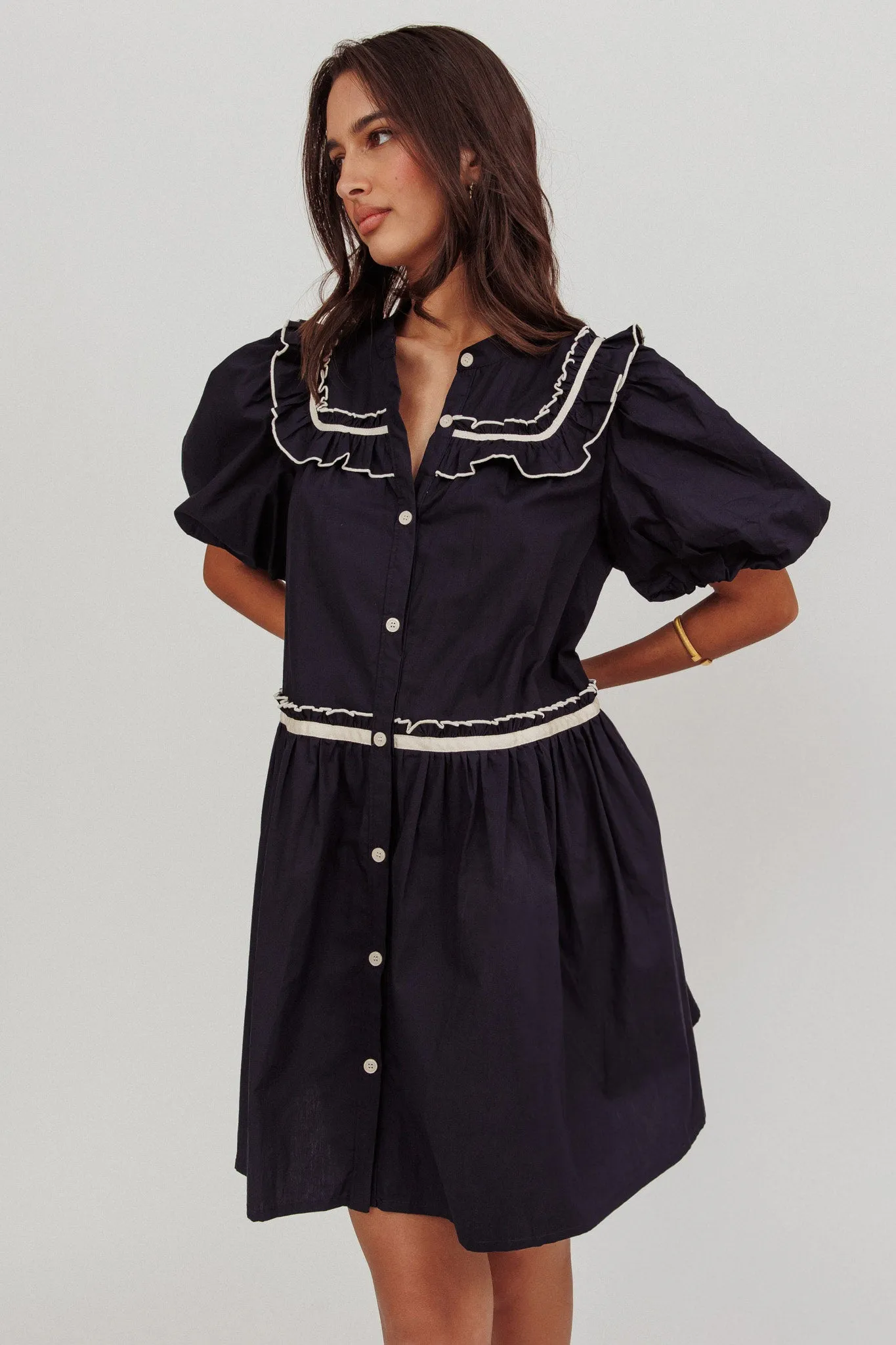 Late Spring Puff Sleeves Ruffle Mini Dress Navy sold by Selfie Leslie product image thumbnail 5