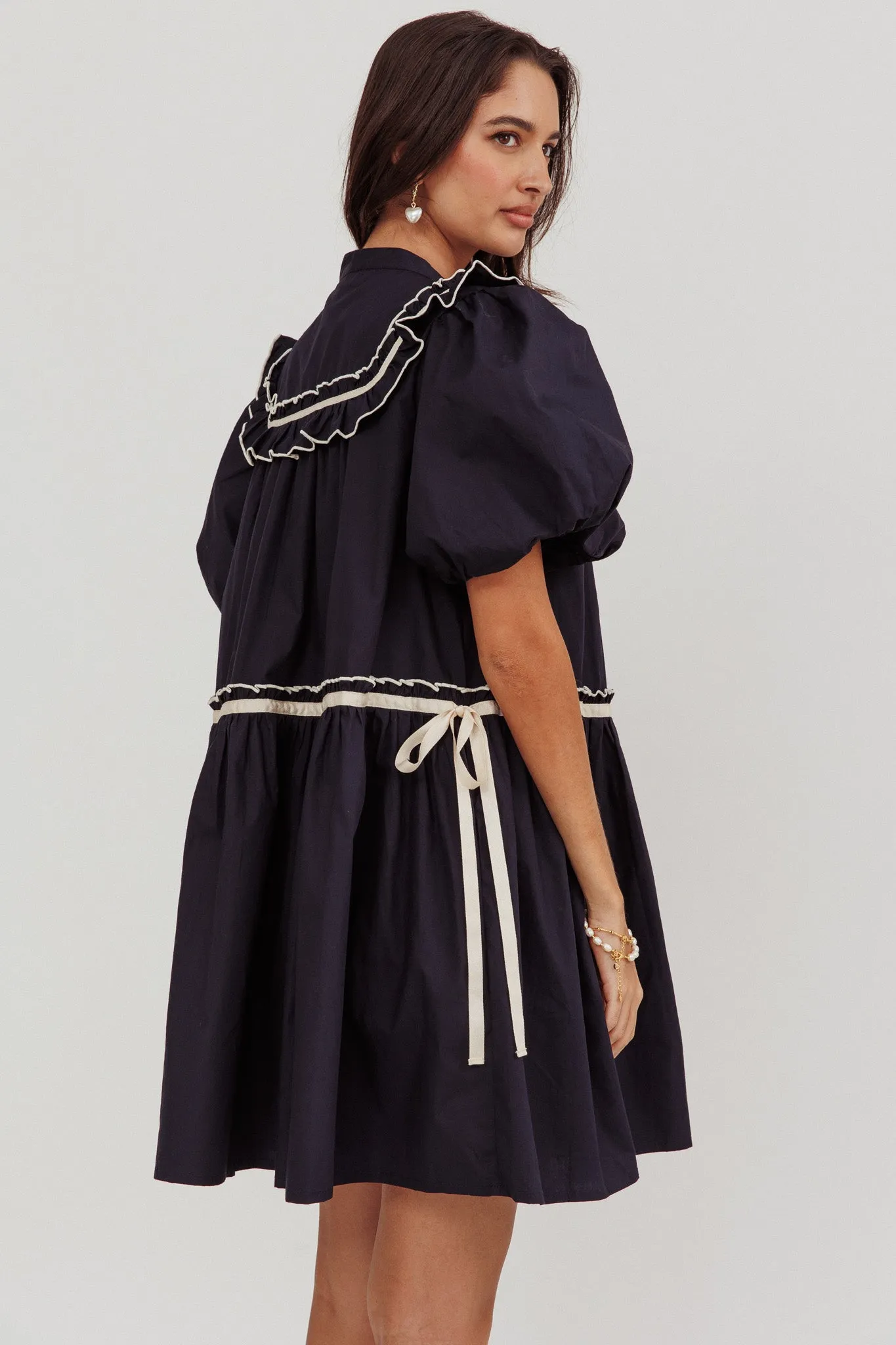 Late Spring Puff Sleeves Ruffle Mini Dress Navy sold by Selfie Leslie product image thumbnail 2