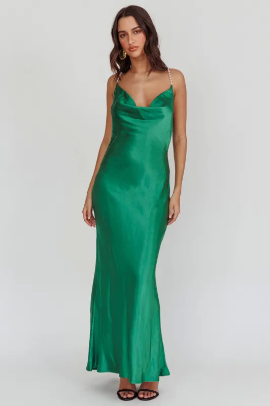 Danijela Cowl Neck Pearl Satin Maxi Dress Emerald sold by Selfie Leslie