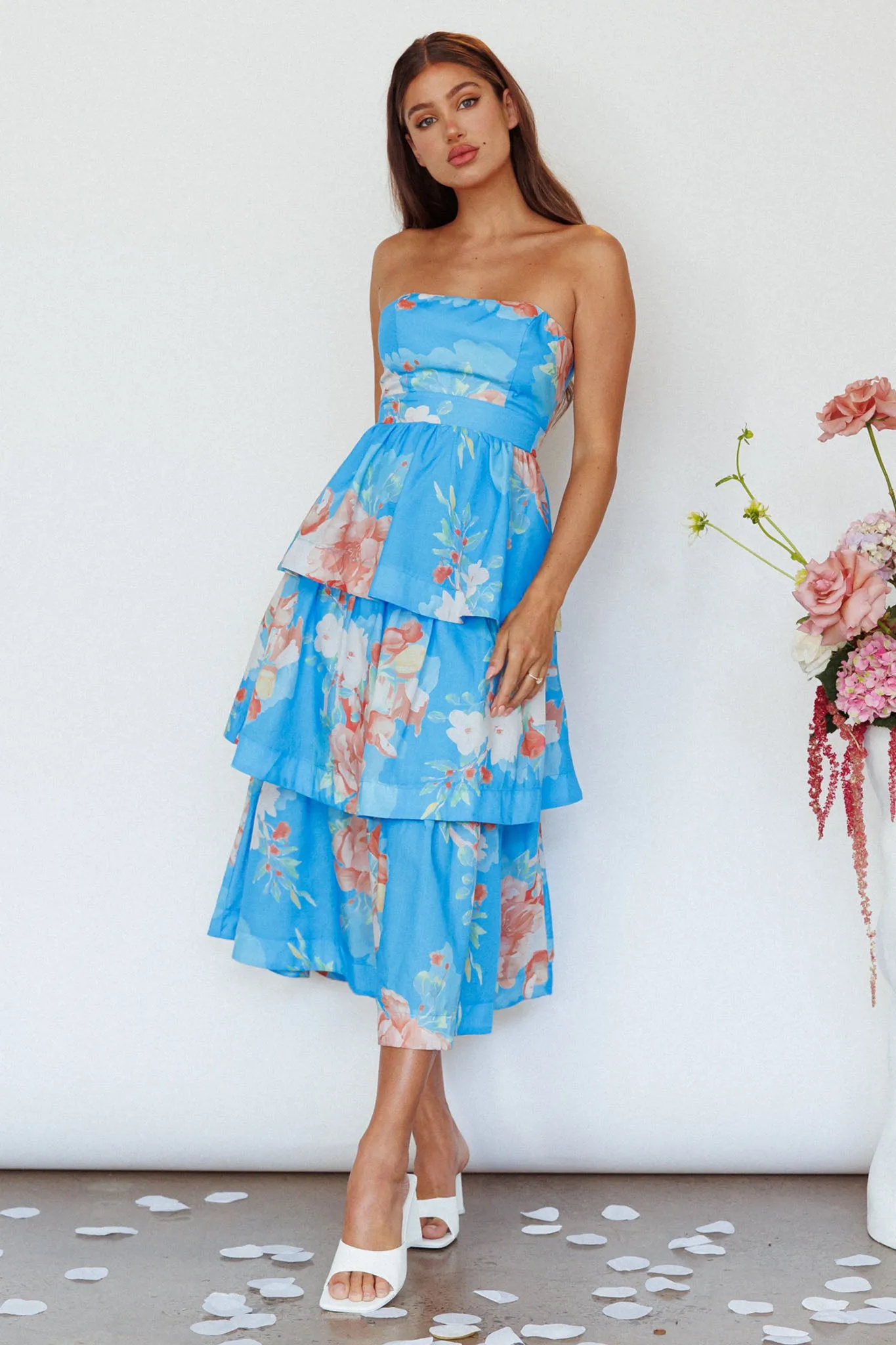 Outshine Strapless Tiered Midi Dress Floral Blue sold by Selfie Leslie product image thumbnail 3
